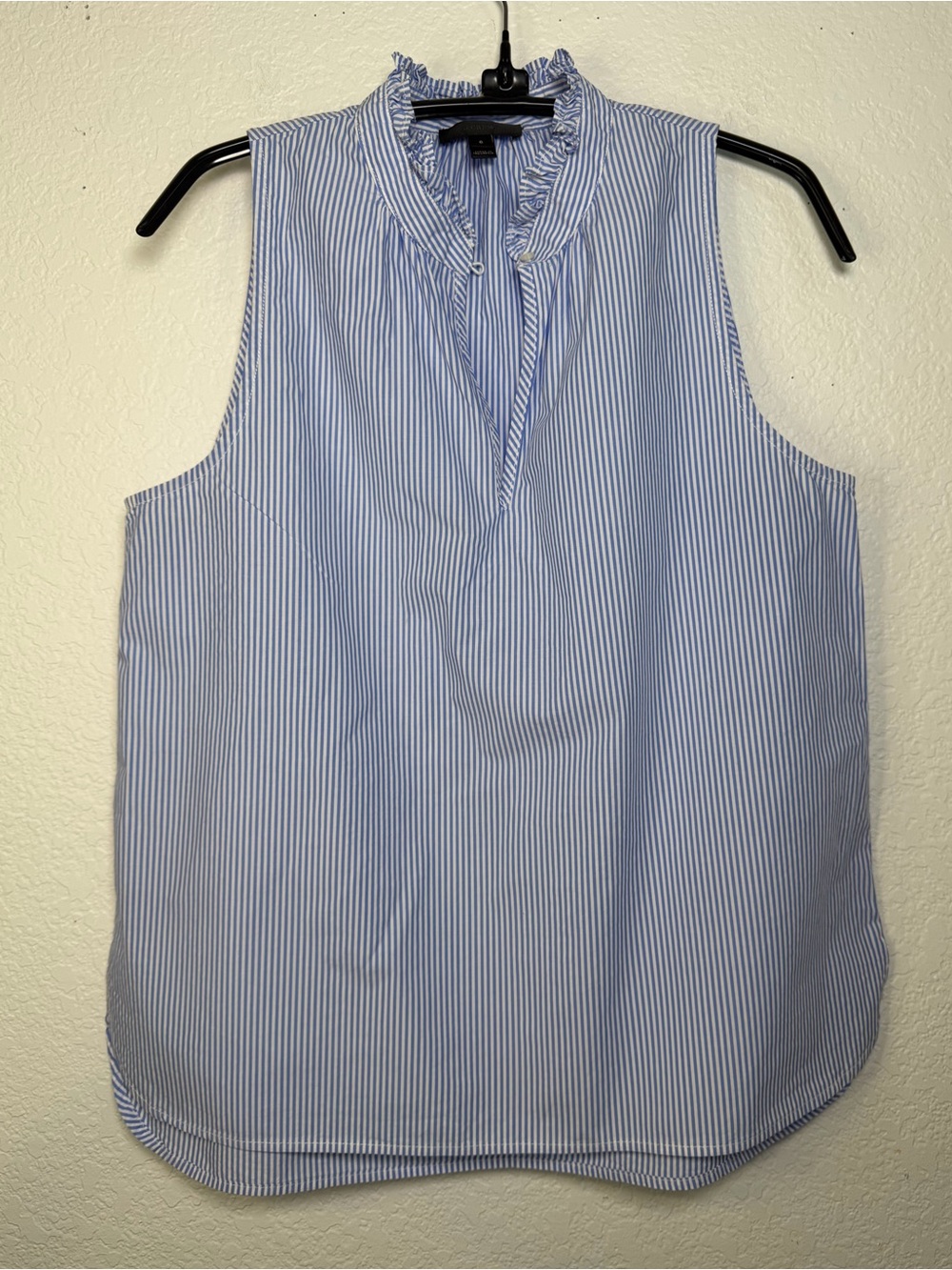 J. Crew Blue & White Striped Ruffle Mock Neck Sleeveless Blouse, Size 6